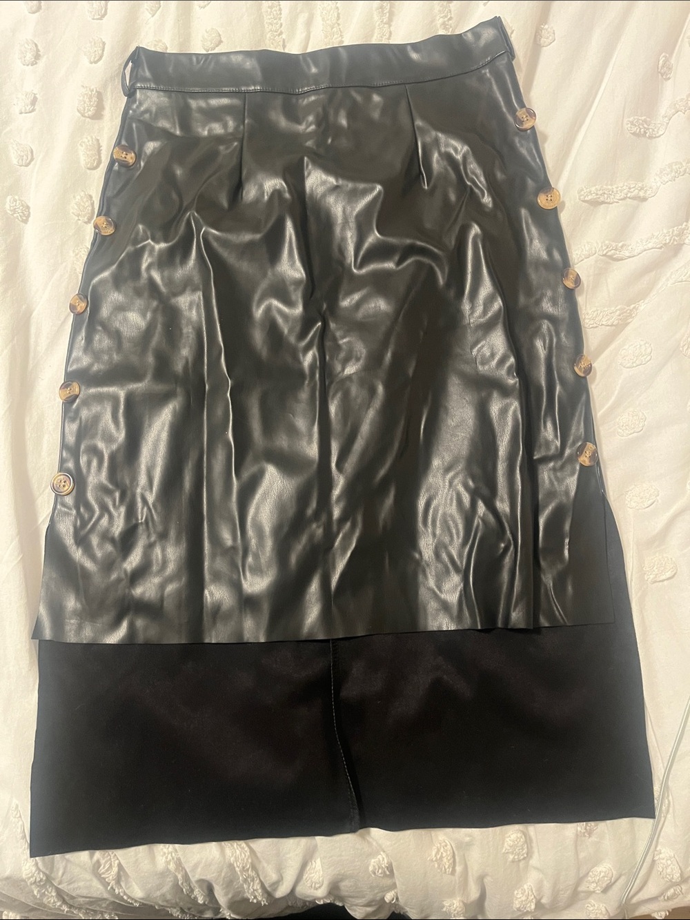 Black Faux Leather Paneled Midi Skirt with Button Detail